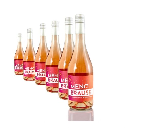 Perlwein Flasche mit Rosé Wein und Etikette "MENOBRAUSE" in Reihe